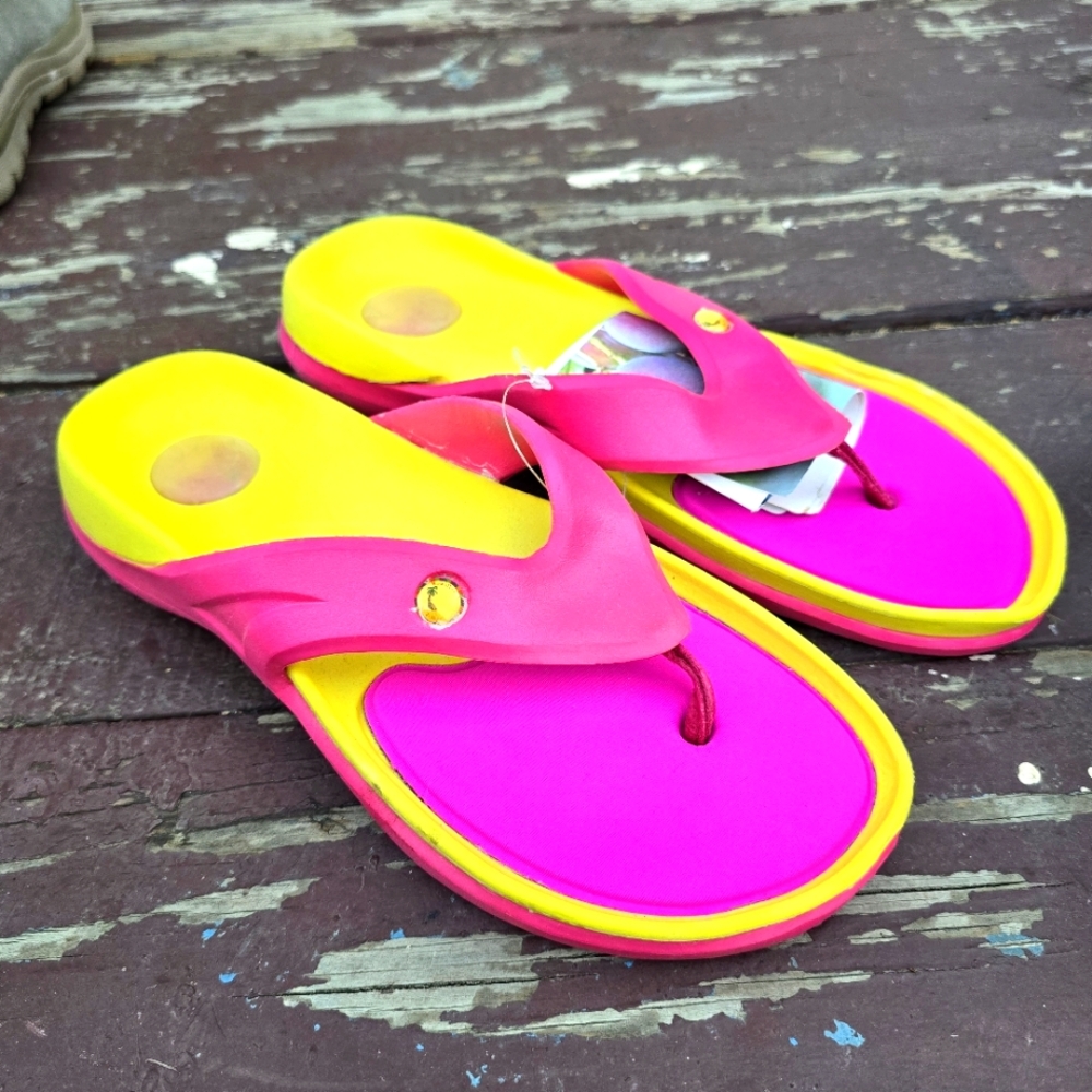 Vibrant Pink and Yellow Women's Flip Flops Sz 6